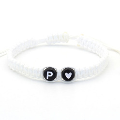 Letter P Бусины из смолы плетеные браслеты из бисера, регулируемые плетеные браслеты из полиэфирного шнура для мужчин и женщин, плоский круглый с буквой и сердцем, Письмо P, 6.30~11.81 дюйм (16~30 см)