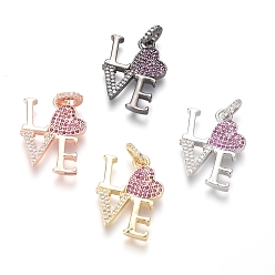 (52) Непрозрачная лаванда Латунные подвески из микропаве из циркония на день святого валентина, Слово любовь, очистить и камелия, разноцветные, 23.5x17.5x2.5 мм, отверстие : 3.5x3 мм