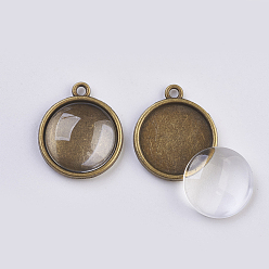 Antik Bronze Anhänger machen, mit Legierung Anhänger Cabochon Einstellungen und Klarglas Cabochons, Flachrund, Antik Bronze, Anhänger Cabochon Einstellung: 22x19x3 mm, Loch: 2mm, Glas Cabochon: 15.5~16x4~5mm