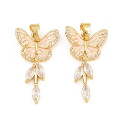 Pink Colgantes de latón con circonitas cúbicas transparentes y esmalte., encantos de la mariposa, real 18 k chapado en oro, rosa, 30x16.5x3.5 mm, agujero: 5x4 mm