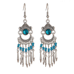 Темно-Голубой Плоские круглые серьги-люстры в стиле бохо из сплава, стразов и стеклянных бусин, античное серебро, глубокое синее небо, 90 мм