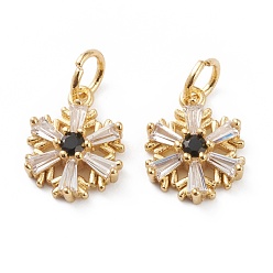 Black Brass Micro Pave Cubic Zirconia Pendants, with Jump Rings, Real 18K Gold Plated, Long-Lasting Plated, Snowflake, Black, 17x10x3mm, Jump Ring: 5.5x1mm, Inner Diameter: 4mm