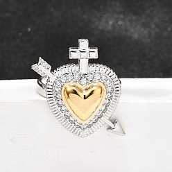 Real Gold Plated & Real Platinum Plated Кольца-манжеты в готическом стиле из латуни с микропаве из прозрачных кубических цирконий для женщин, сердце со стрелой и крестом, настоящее золото и платина, 24x22 мм