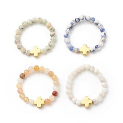 Смешанные камни Кольцо на палец из натурального драгоценного камня и синтетического гематита с крестом из бисера для женщин, размер США 10 1/4 (19.9 мм)