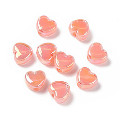 Dark Salmon UV Plating Rainbow Iridescent Acrylic Beads, Two Tone, Heart, Dark Salmon, 13x15x8mm, Hole: 3.6mm