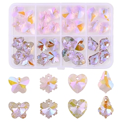 Pink 32Pcs 8 Style Pointed Back Electroplate Faceted Glass Pendants, Mixed Shapes, Pink, 12~16x11.5~15x6~7mm, Hole: 1.2~1.6mm, 4pcs/style