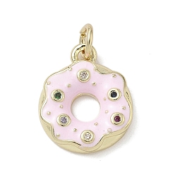 Pink Латунные микро проложить кубического циркония подвески, пончик, с эмалью, стойки покрытие, долговечный, без свинца и без кадмия, реальный 18 k позолоченный, с целью перехода в кольце, розовые, 15.5x13x3 мм, отверстие : 3.2 мм