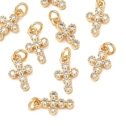 Real 18K Gold Plated SHEGRACE Brass Micro Pave Cubic Zirconia Pendants, Cross Charms, Cadmium Free & Nickel Free & Lead Free, Clear, Real 18K Gold Plated, 11x7x2mm, Hole: 2.5mm