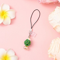 Белый Рождественская тематика стеклянные семена и ПВХ мобильные пылезащитные заглушки подвесные украшения, петли шнура, Сплав с застежками когтя омара, кактусовый шар, платина, белые, 90 мм