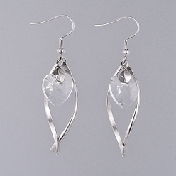 Clear Dangle Earrings, with Heart Electroplated Glass Pendants, Stainless Steel Twist Shape Pendants, Earring Hooks and Ice Pick Pinch Bails, Clear, 59mm, Pendant: 40x18x8mm, Pin: 0.7mm