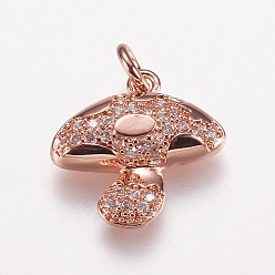 Rose Gold Brass Micro Pave Cubic Zirconia Pendants, Mushroom, Rose Gold, 16x16x3.5mm, Hole: 3mm