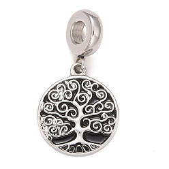 Stainless Steel Color 304 Stainless Steel European Dangle Charms, Large Hole Pendants, with Black Enamel, Flat Round with Tree, Stainless Steel Color, 28mm, Hole: 4.5mm, Flat Round: 17.5x15x2mm