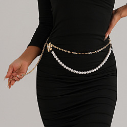 Золотой Корейский стиль сплава имитация жемчуга белый круглый бисер двухслойные пояса-цепочки для женщин, золотые, 700~1100 мм