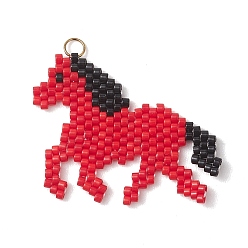 Красный Подвески из стеклянного бисера Miyuki Delica, лошади прелести, с 304 нержавеющей стали, реальный 18 k позолоченный, красные, 28x35x2 мм, Перейти кольцо: 4x0.5 мм, Внутренний диаметр: 3 мм.
