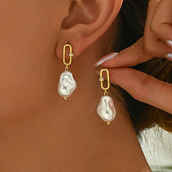 Oval Элегантные латунные серьги-гвоздики, золотые, с искусственным жемчугом и прозрачным кубическим цирконием, овальные, 35x13 мм