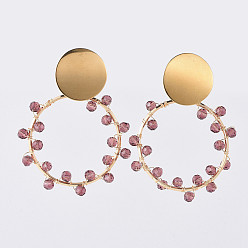 Purple Dangle Stud Earrings, with 304 Stainless Steel Stud Earrings Findings, Brass Linking Rings, Glass Beads and Earring Backs, Golden, Purple, 54~55mm, Pin: 0.7mm