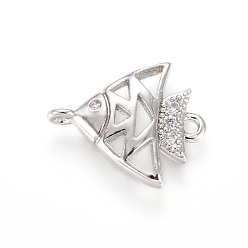 Platinum Brass Micro Pave Cubic Zirconia Links connectors, Tropical Fish, Clear & Black, Platinum, 10x12.5x2.5mm, Hole: 0.8mm