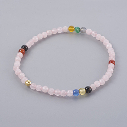 Rose Quartz Natural Rose Quartz and Natural Color Agate Stretch Bracelets, with Real 18K Gold Plated 925 Sterling Silver Spacer Beads, 2-1/4 inch(5.8cm)