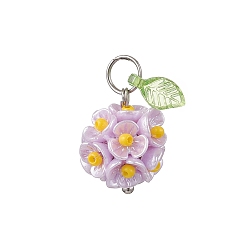 Сливовый Латунь стекло кулоны, цветок, с акриловыми и смоляными бусинами и 304 соединительными кольцами из нержавеющей стали, слива, 17x13.5 мм, отверстие : 4.5 мм