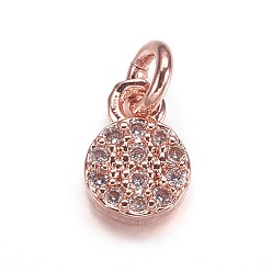 Розовое Золото Латунные микро проложить кубического циркония подвески, плоские круглые прелести, розовое золото , 7x5x2 мм, отверстие : 2 мм