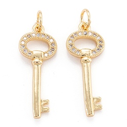 Настоящее золото 18K Кулон из латуни с прозрачным кубическим цирконием, долговечный, ключ, реальный 18 k позолоченный, 23.5x9x2 мм, отверстие : 3.6 мм