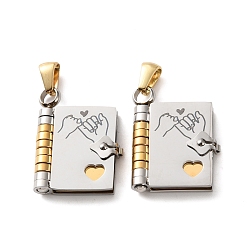 Golden & Stainless Steel Color 304 Stainless Steel Pendants, Book with Pinky Promise Charms, Polished, Ion Plating(IP), Golden & Stainless Steel Color, 25x18x4.5mm, Hole: 5.5x2.5mm