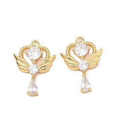 Настоящее золото 18K Латунные микропаве прозрачные подвески с фианитом, сердце с крылом волшебная палочка, реальный 18 k позолоченный, 18x13.5x3.5 мм, отверстие : 1.4 мм