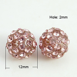 Розовый Бусины со стразами из смолы, класс А, круглые, светло-розовый, 12 мм, отверстие : 2 мм
