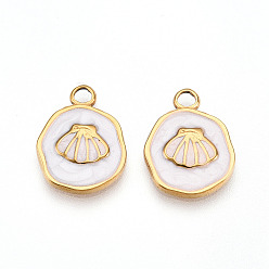 Белый 304 подвески из нержавеющей стали, с эмалью, плоский круглый с подвесками из ракушек, ионное покрытие (ip), реальный 18 k позолоченный, белые, 16.5x12.5x2 мм, отверстие : 2.5 мм