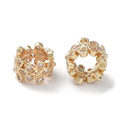 Настоящее золото 14K Реечное покрытие латунь микро паве прозрачный кубический цирконий европейские бусины, долговечный, без кадмия и без свинца, бусины с большим отверстием, цветок, реальный 14 k позолоченный, 8x5 мм, отверстие : 5 мм