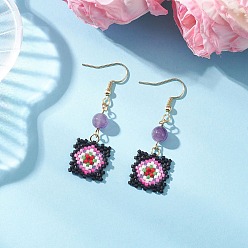 Аметист Серьги-подвески ручной работы из стеклянных бусин с узором «окно-решетка», бусы с аметистом, золотые, 51.5x16.5 мм