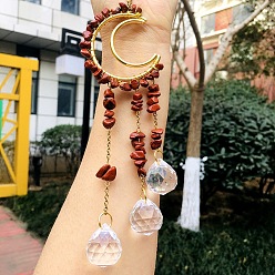 Красный Камень Металлические подвески со стеклянными украшениями, с чипом из красной яшмы, луна и слеза, 210~230 мм