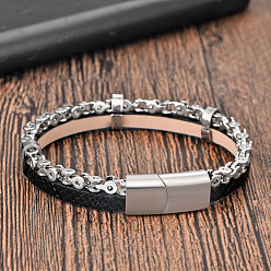 Color de Acero Inoxidable Pulseras de cuero sintético trenzado negro y acero inoxidable con cierres magnéticos para hombre., color acero inoxidable, 316 pulgada (2 cm)