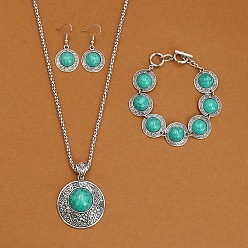 Бирюза Ожерелья и браслеты из сплава с синтетической бирюзой, а также наборы серег-подвесок, античное серебро, плоско-круглые, бирюзовые, 490 мм