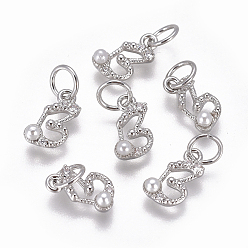 Letter B Латунь прелести, с фианитами и оболочки жемчужиной шарик, буквы, платина, прозрачные, letter.b, 9.5~11x3.5~10.8x3~3.5 мм, отверстие : 3.5 мм