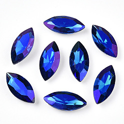 Blue Pointed Back Glass Rhinestone Cabochons, Back Plated, Faceted, AB Color Plated, Horse Eye, Blue, 15x7x4mm
