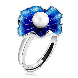 Blue Natural Pearl Beaded Lotus Leaf Adjustable Ring with Enamel, Rhodium Plated 925 Sterling Silver Jewelry Gift for Women, Blue, US Size 7 3/4(17.9mm)