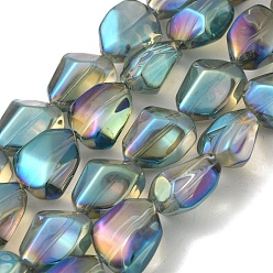 Морской Синий Стеклянные бусины с гальваническим покрытием , с покрытием цвета радуги, трапециевидные, Marine Blue, 15.5x12~12.5x8.5~9 мм, отверстие : 1.5 мм, около 40 шт / нитка, 23.2 дюйм