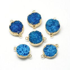 Dodger Blue Natural Druzy Agate Links connectors, with Brass Findings, Dyed, Flat Round, Dodger Blue, 29x20x9~13mm, Hole: 2mm