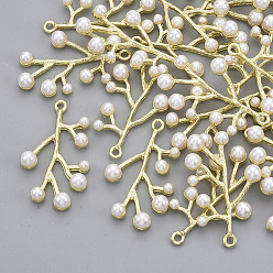 Light Gold Alloy Pendants, with ABS Plastic Imitation Pearl, Branches, Light Gold, 37x22x6mm, Hole: 1.8mm