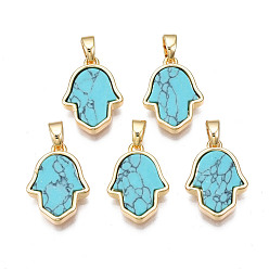 Türkis Echte 18 k vergoldete Messinganhänger, mit synthetischen Edelstein-Cabochons, Cadmiumfrei und Nickel frei und Bleifrei, Hamsa Hand / Hand von Miriam, buddhistisches Thema, Türkis, 17x12x3 mm, Bohrung: 2.5x5 mm