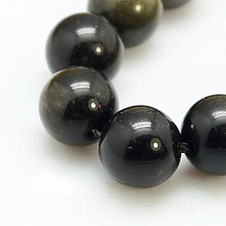 Golden Sheen Obsidian Natural Golden Sheen Obsidian Beads Strands, Round, 12mm, Hole: 1~2mm, 16pcs/strand, 8 inch