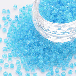Deep Sky Blue 8/0 Transparent Glass Seed Beads, Round Hole, Frosted Inside Colours, Round, Deep Sky Blue, 3~4x2~3mm, Hole: 0.8mm, about 15000pcs/Pound