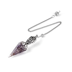 Аметист Большой кулон-лозоходец из натурального аметиста и эпоксидной смолы., с железной цепью и крышкой из сплава, шестиугольный конус-шарм, 275~280 мм