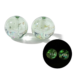 Hellgrün Leuchtende transparente Harzperlen, Runde mit Stern, mit Pailletten, Leuchten im Dunkeln, hellgrün, 16 mm, Bohrung: 2 mm