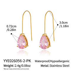 Pink 304 Подвесные серьги-капли из нержавеющей стали с инкрустацией кубическим цирконием для женщин, реальный 18 k позолоченный, розовые, 30x7.2 мм