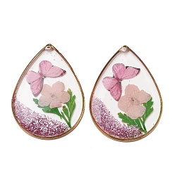Pink Подвески из латуни, прозрачной эпоксидной смолы и сушеных цветов., подвески-слезинки с цветочным узором, с блеском порошок, розовые, 35x26.5x3.5 мм, отверстие : 1 мм