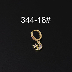 Луна Серьги-кольца с микропаве из латуни и прозрачным кубическим цирконием для крепления на хрящ, золотые, луна, 35x9 мм