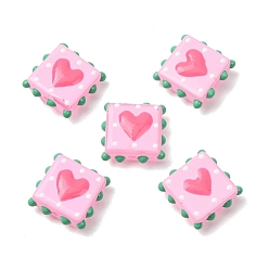 Pink Glass Enamel Beads, Hand Drawn Beads, Bumpy Square & Heart, Pink, 13x13x5mm, Hole: 1.2mm