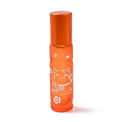Dark Orange Glass Essential Oil Roller Bottles, with Lid and Stainless Steel Roller Balls, Refillable Bottles, Column with Fortune Cat Pattern & Chinese Character, Dark Orange, 2x8.6cm, Hole: 9.5mm, Capacity: 10ml(0.34fl. oz)